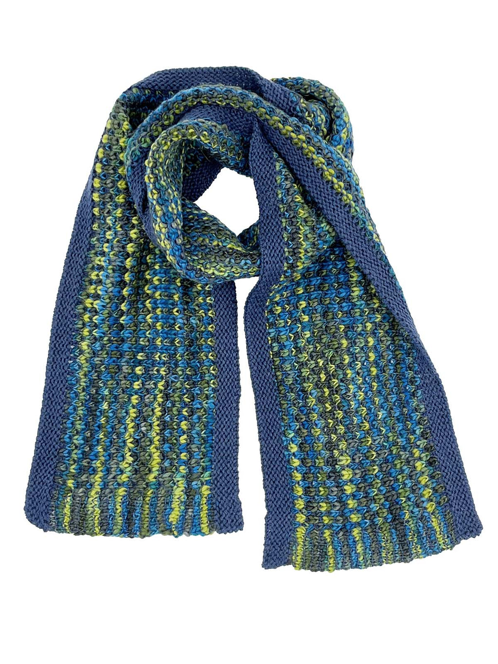 Teal kid's alpaca scarf in Bluefish with sea blue and chartreuse speckles, Shupaca
