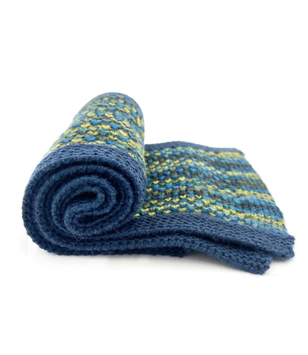 Teal kid's alpaca scarf in Bluefish with sea blue and chartreuse speckles, Shupaca