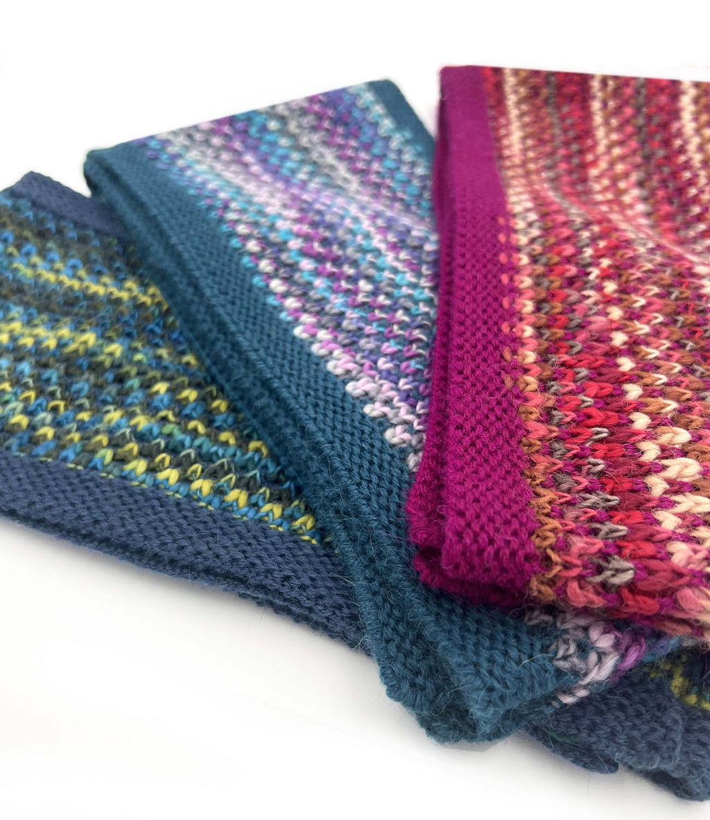 Teal kid's alpaca scarf in Bluefish with sea blue and chartreuse speckles, Shupaca