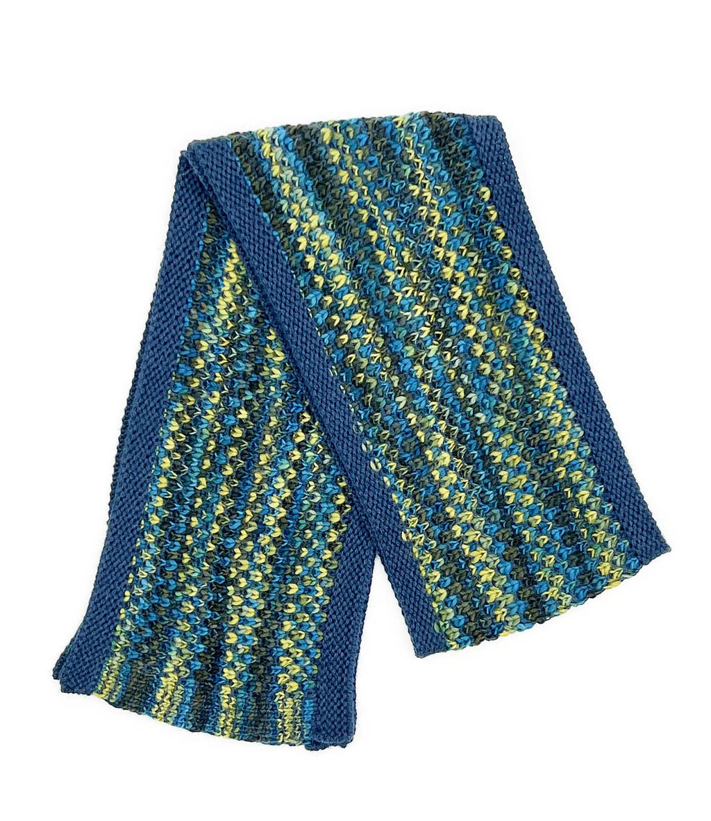 Teal kid's alpaca scarf in Bluefish with sea blue and chartreuse speckles, Shupaca