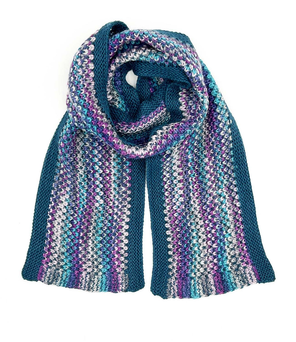 Purple kid's alpaca scarf in Grape Bubble with lavender and teal speckles, Shupaca