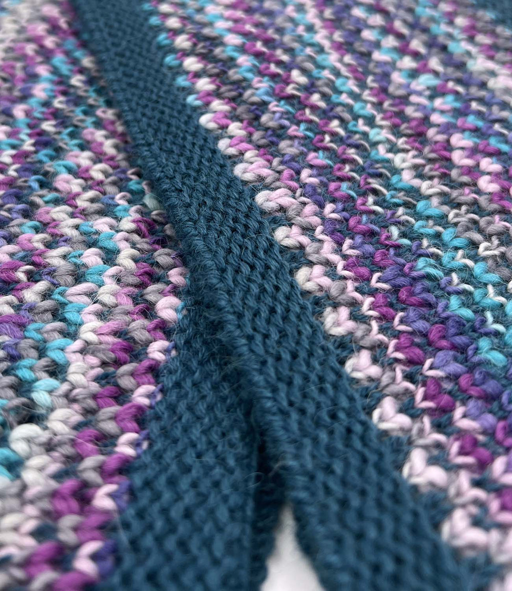 Purple kid's alpaca scarf in Grape Bubble with lavender and teal speckles, Shupaca