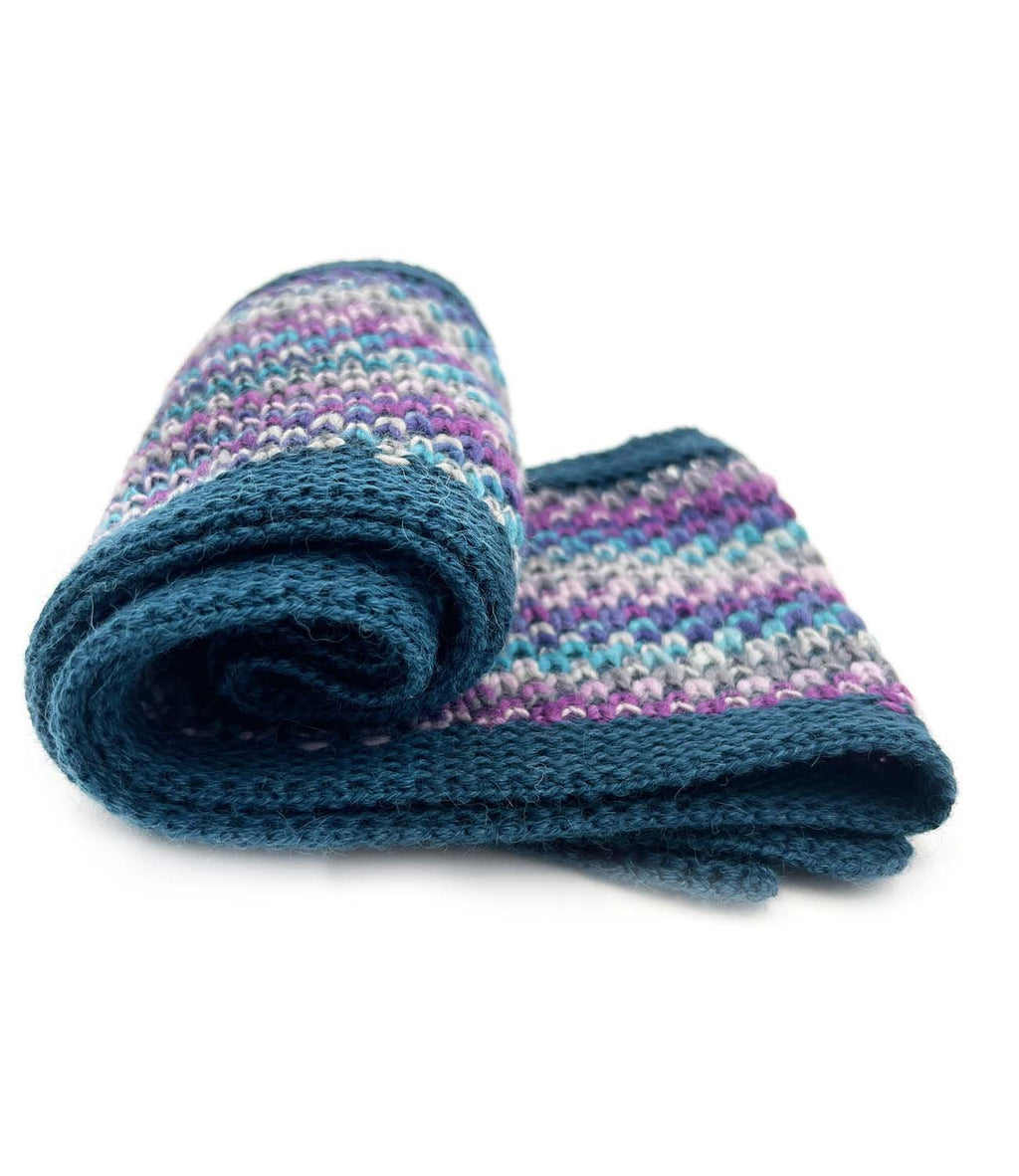 Purple kid's alpaca scarf in Grape Bubble with lavender and teal speckles, Shupaca