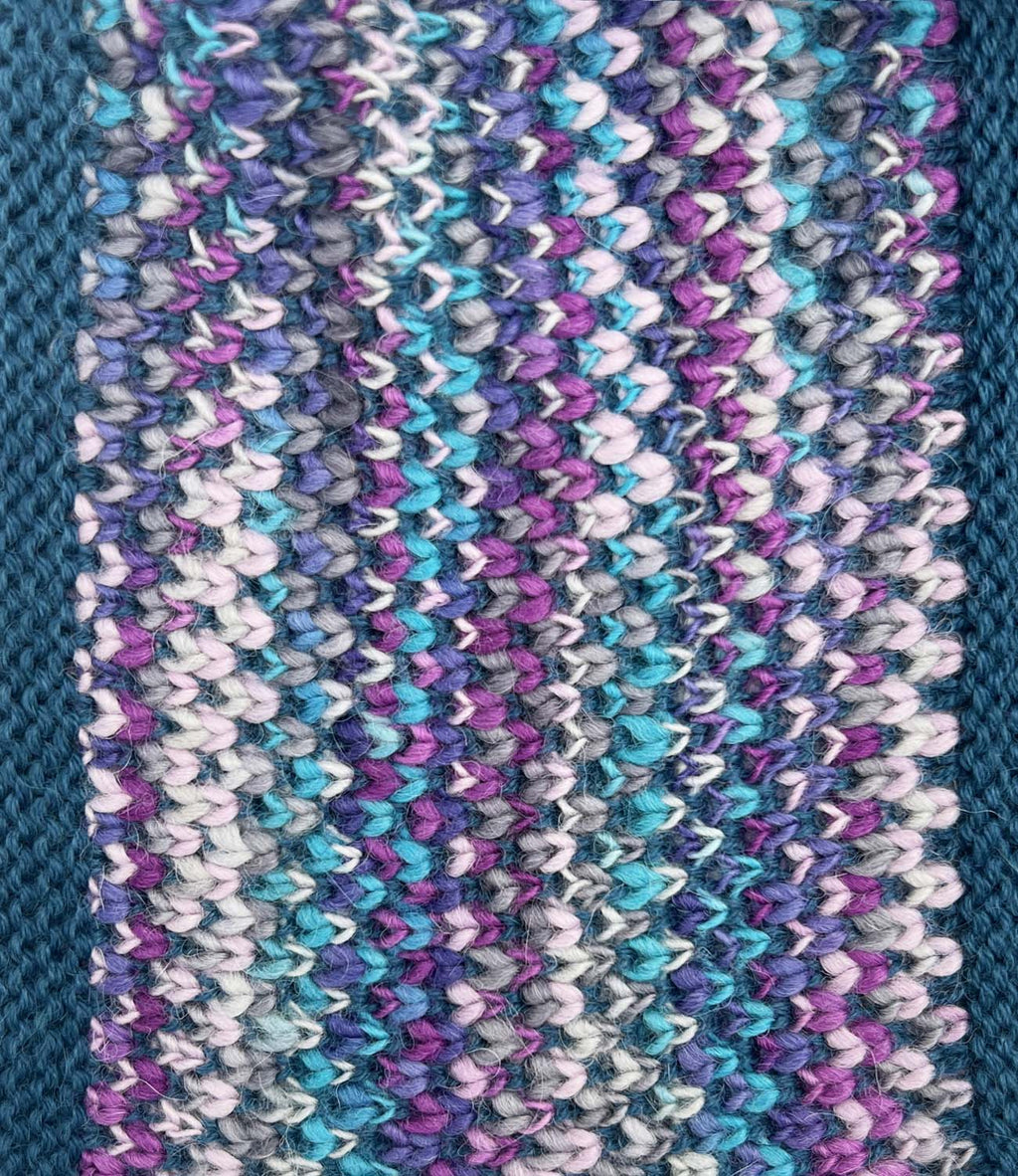 Purple kid's alpaca scarf in Grape Bubble with lavender and teal speckles, Shupaca