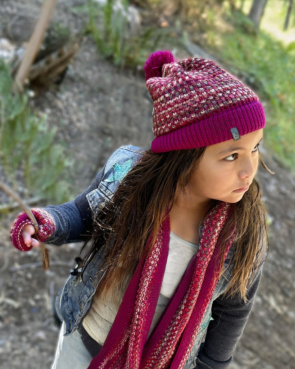 Pink Punch kid's alpaca scarf with fuchsia and cream speckles, Shupaca