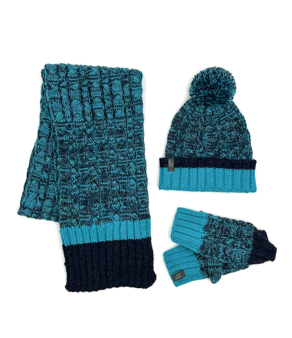 Teal kid's alpaca scarf in Blueberry Twist with aqua and navy braid, Shupaca