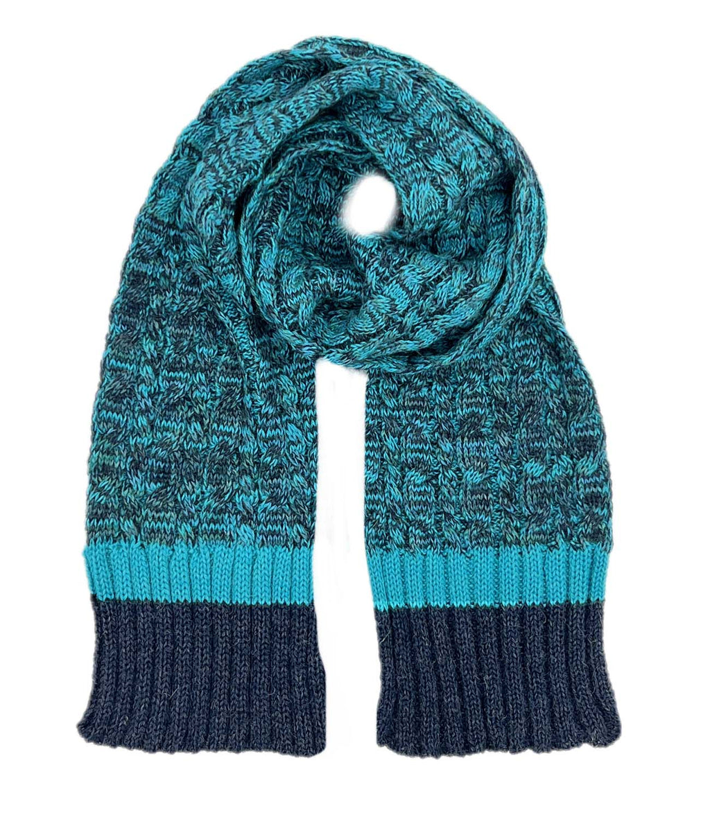 Teal kid's alpaca scarf in Blueberry Twist with aqua and navy braid, Shupaca