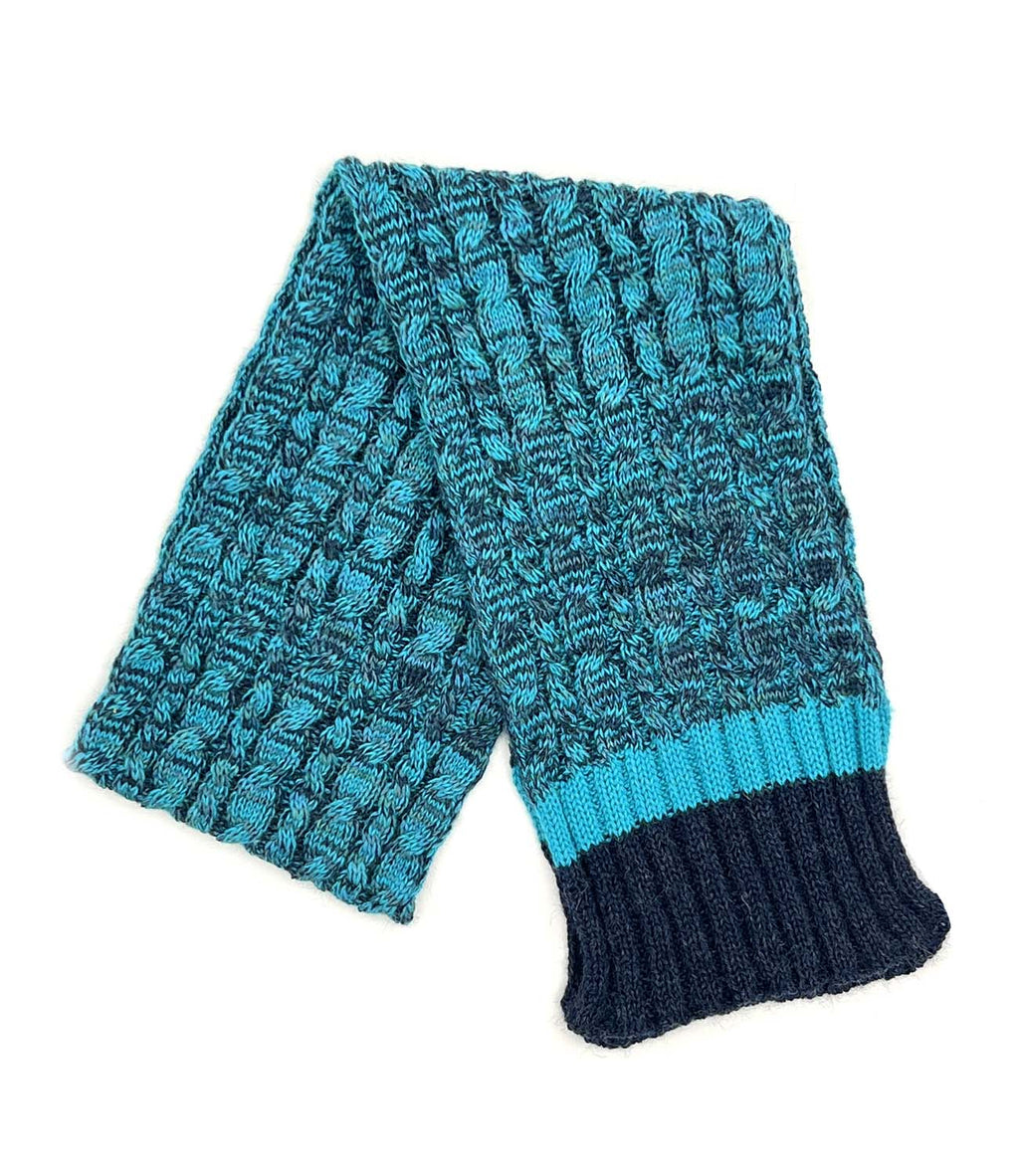 Teal kid's alpaca scarf in Blueberry Twist with aqua and navy braid, Shupaca