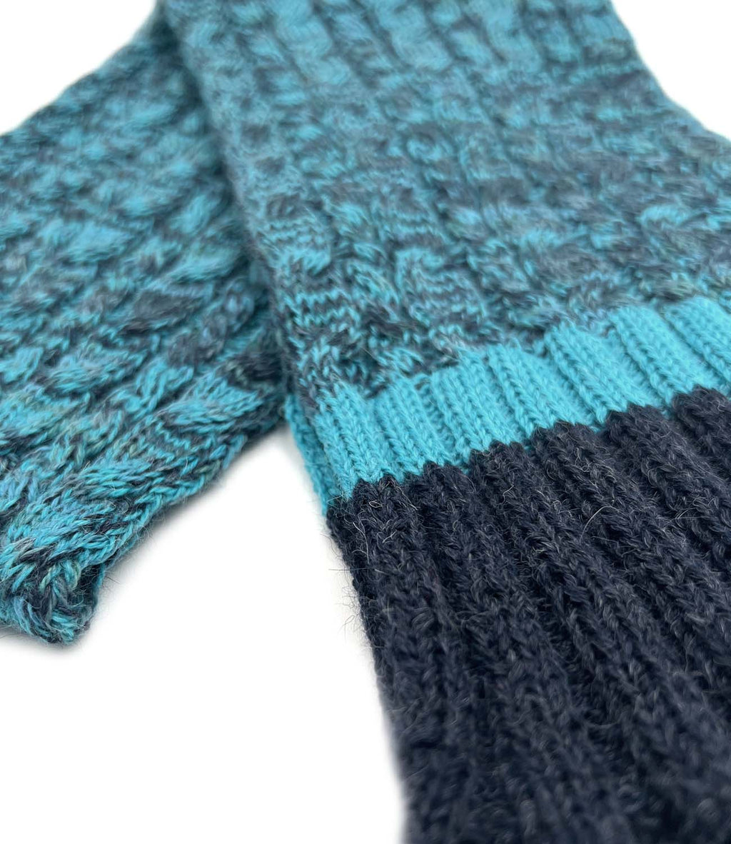 Teal kid's alpaca scarf in Blueberry Twist with aqua and navy braid, Shupaca