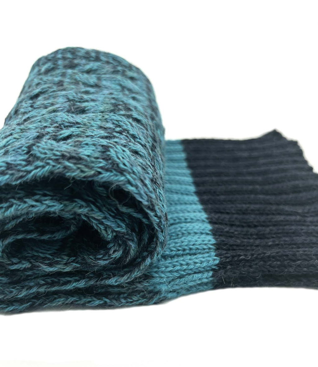 Teal kid's alpaca scarf in Blueberry Twist with aqua and navy braid, Shupaca