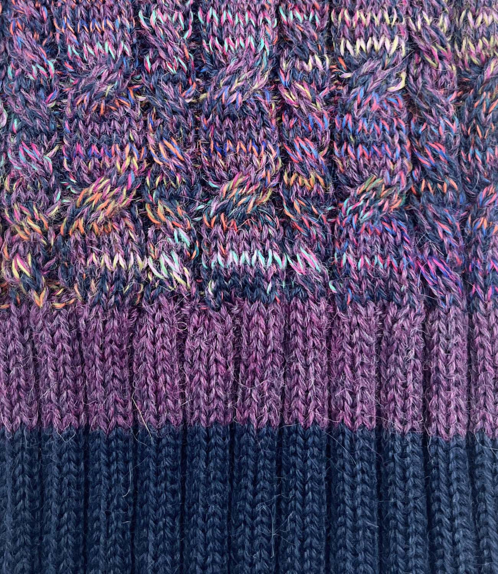 Violet Vortex kid's alpaca scarf with multicolor braided pattern, Shupaca