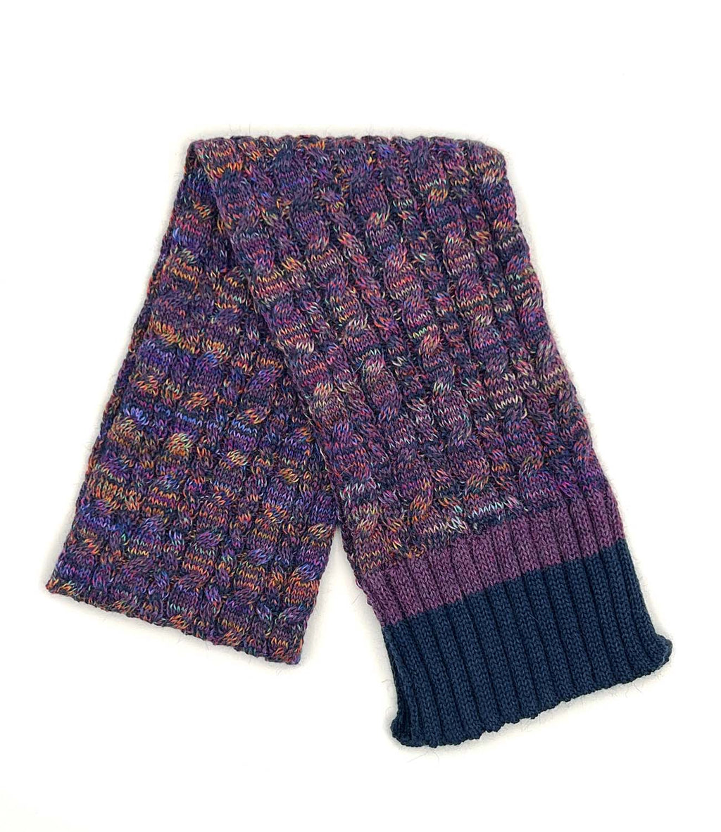 Violet Vortex kid's alpaca scarf with multicolor braided pattern, Shupaca