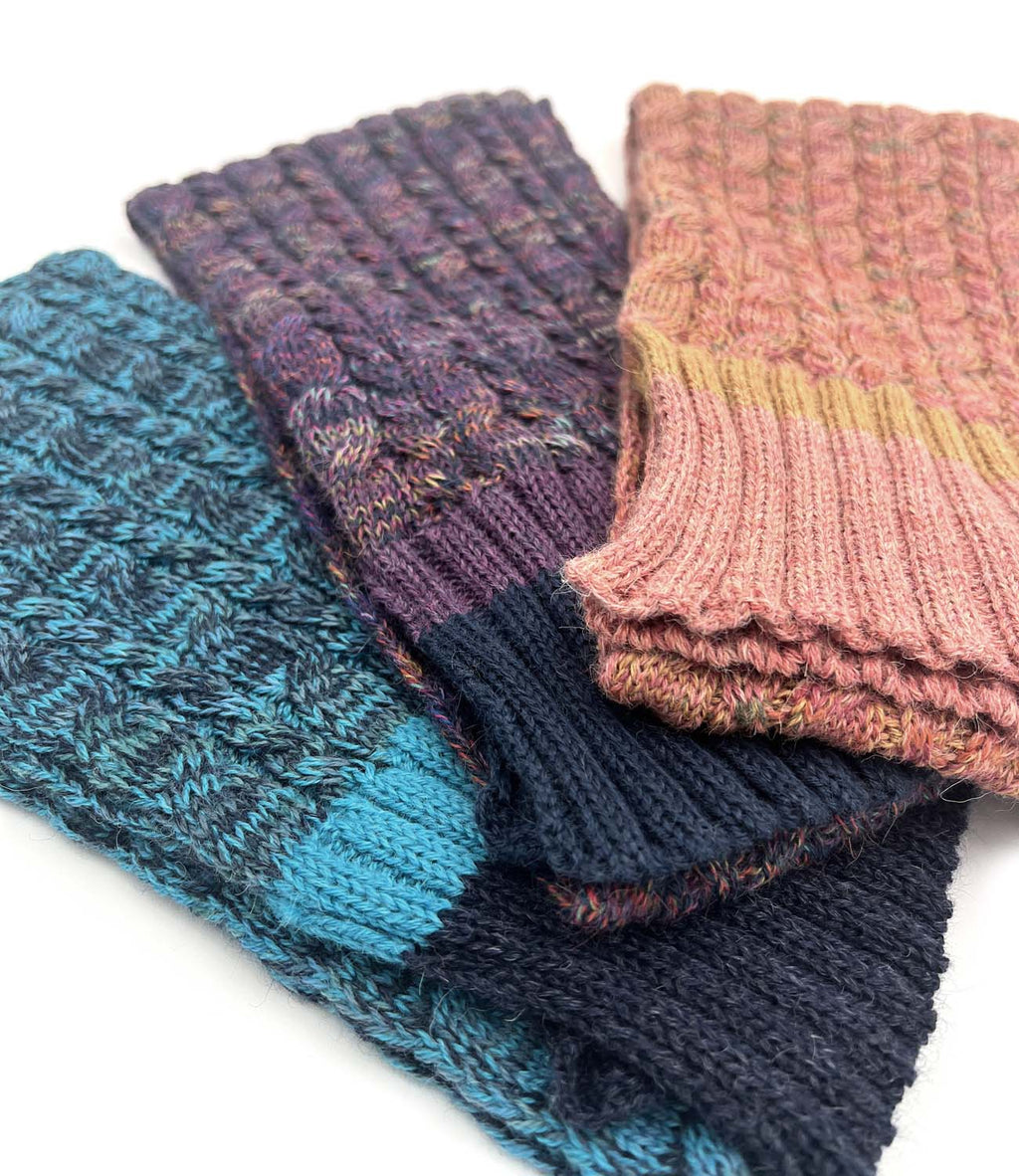 Violet Vortex kid's alpaca scarf with multicolor braided pattern, Shupaca