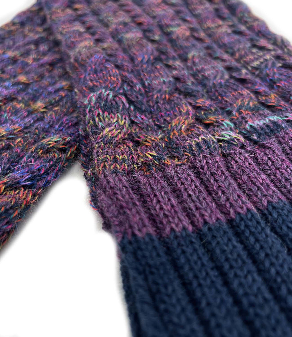 Violet Vortex kid's alpaca scarf with multicolor braided pattern, Shupaca