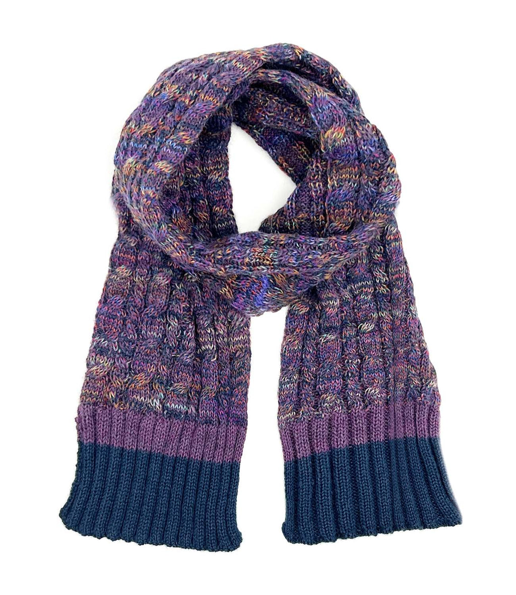 Violet Vortex kid's alpaca scarf with multicolor braided pattern, Shupaca
