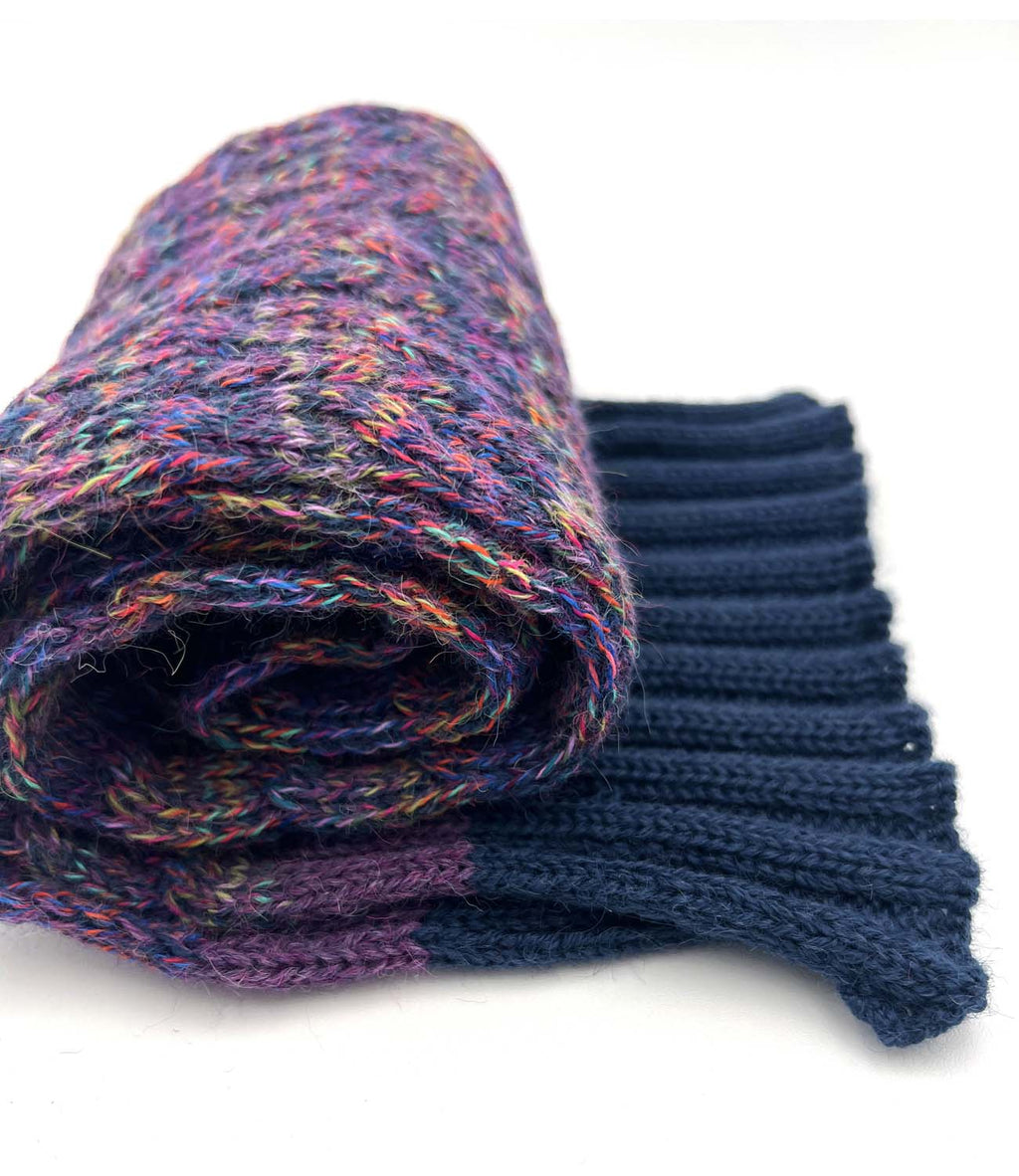 Violet Vortex kid's alpaca scarf with multicolor braided pattern, Shupaca