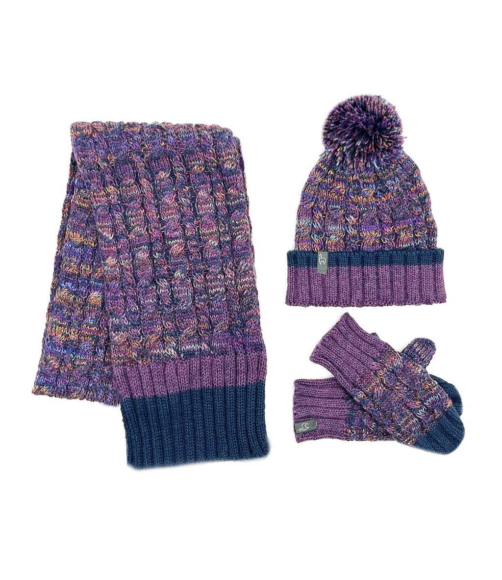 Violet Vortex kid's alpaca scarf with multicolor braided pattern, Shupaca