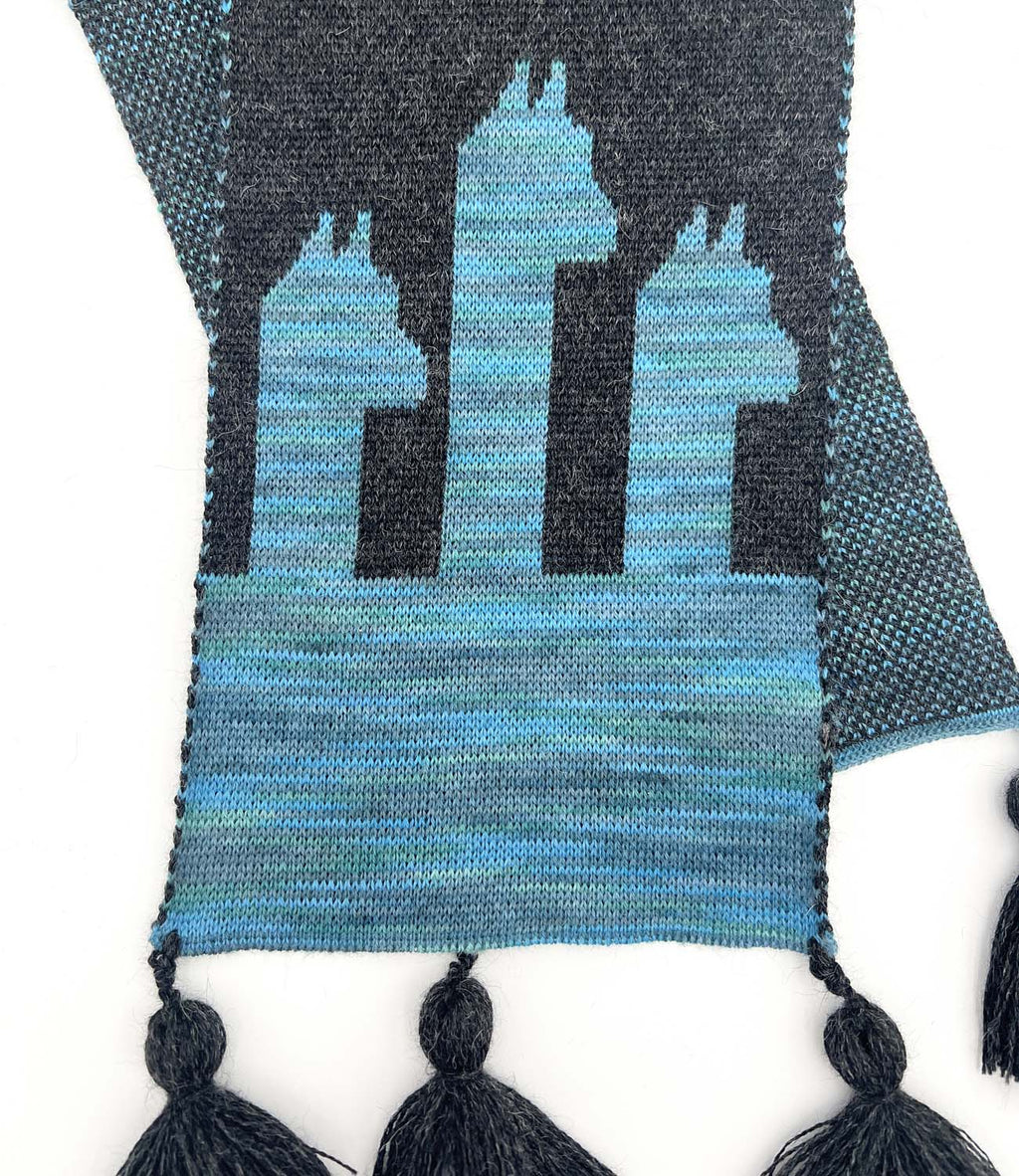 Aqua Paca kid's alpaca scarf with alpaca pattern and tassels, Shupaca