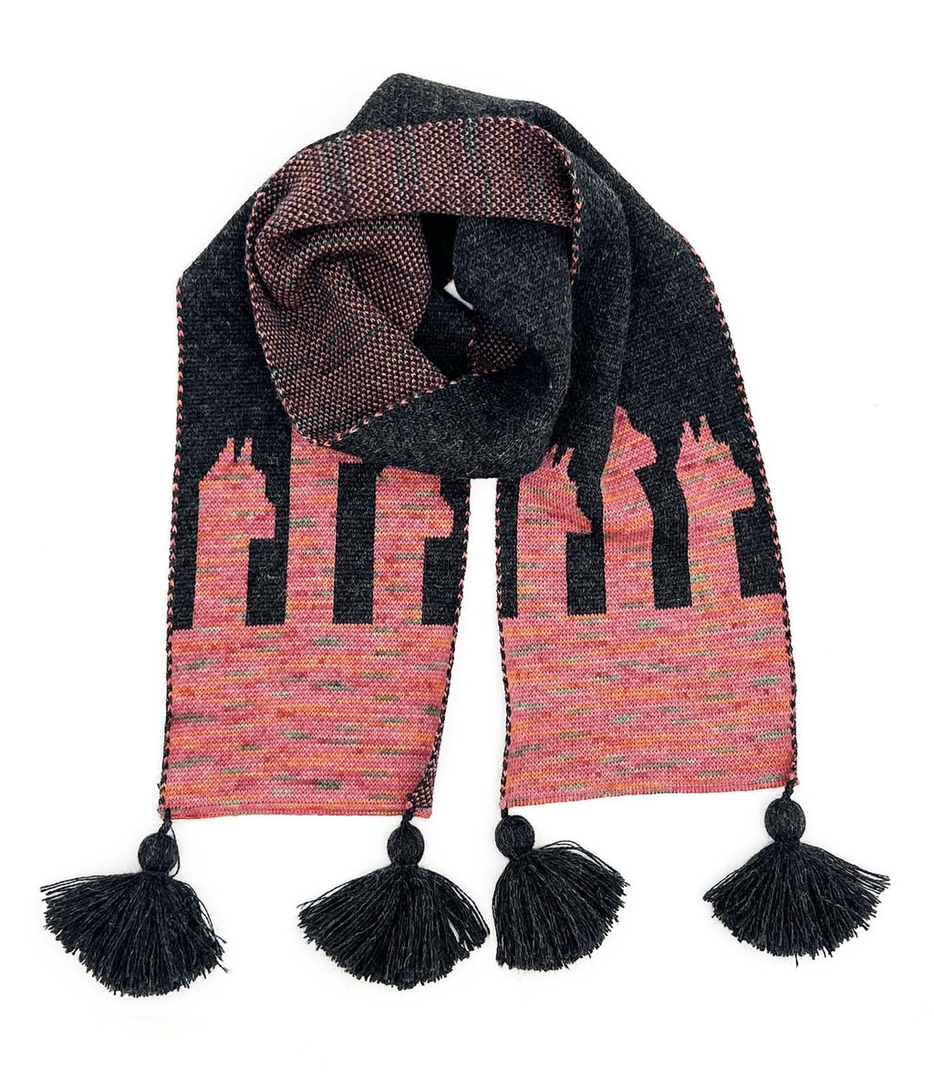Pink kid's alpaca scarf in Rosey Paca with paca silhouettes and tassels, Shupaca