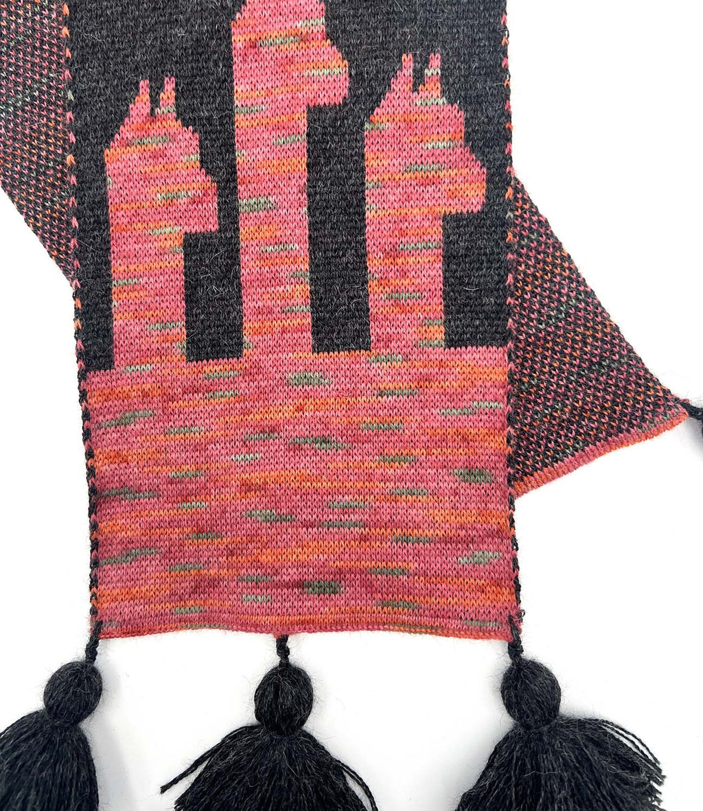 Pink kid's alpaca scarf in Rosey Paca with paca silhouettes and tassels, Shupaca