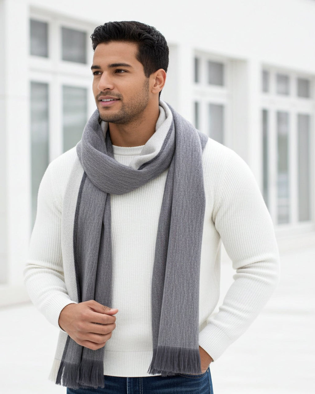 Charcoal grey alpaca scarf in Suede with cream beige accents, Shupaca