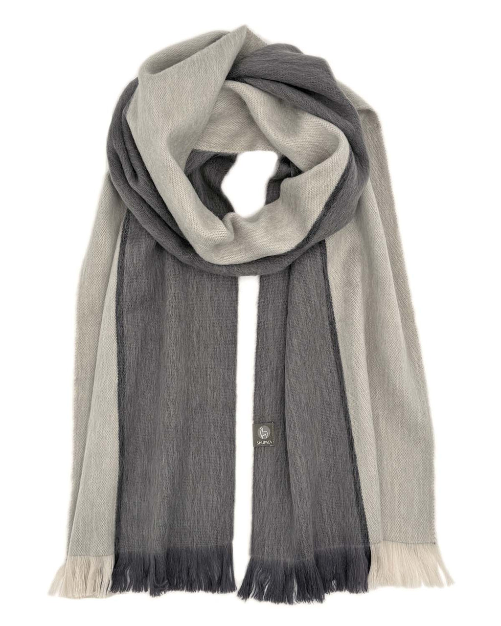 Charcoal grey alpaca scarf in Suede with cream beige accents, Shupaca