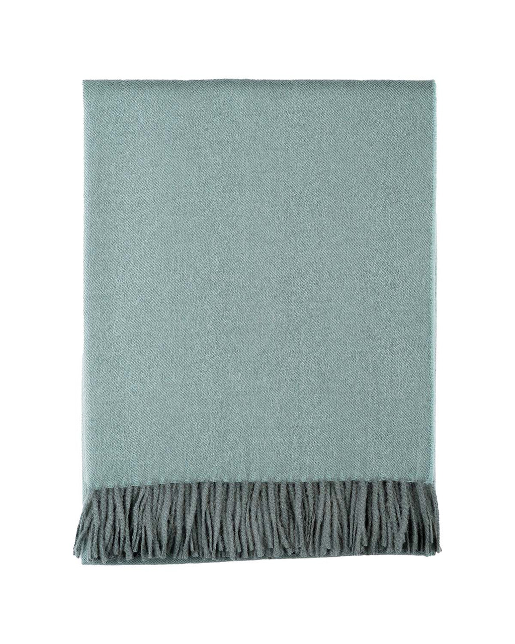 Grey 100% baby alpaca throw blanket in Misty Mountain with mineral blue, Shupaca