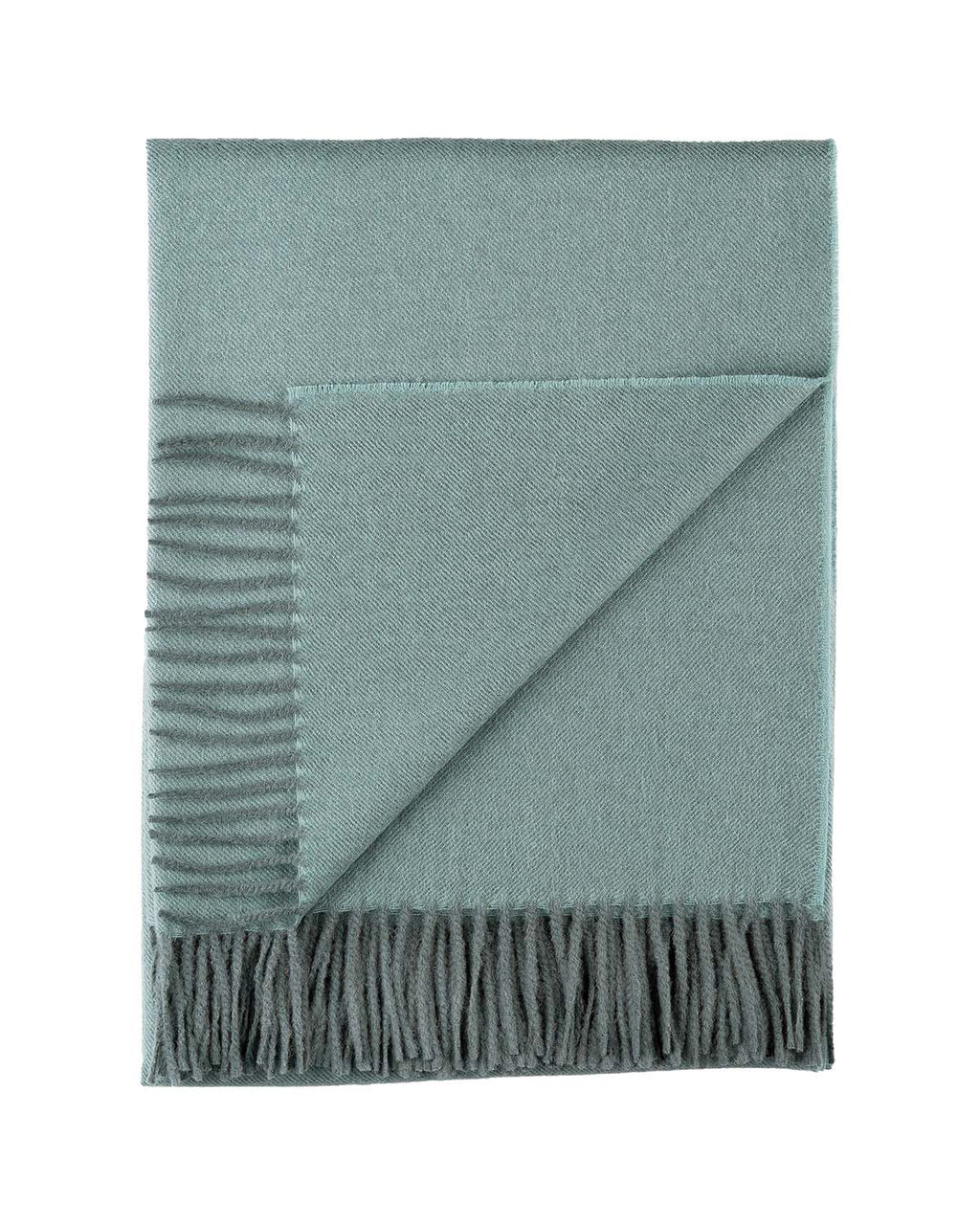 Grey 100% baby alpaca throw blanket in Misty Mountain with mineral blue, Shupaca