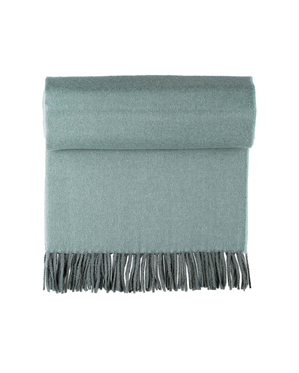 Grey 100% baby alpaca throw blanket in Misty Mountain with mineral blue, Shupaca