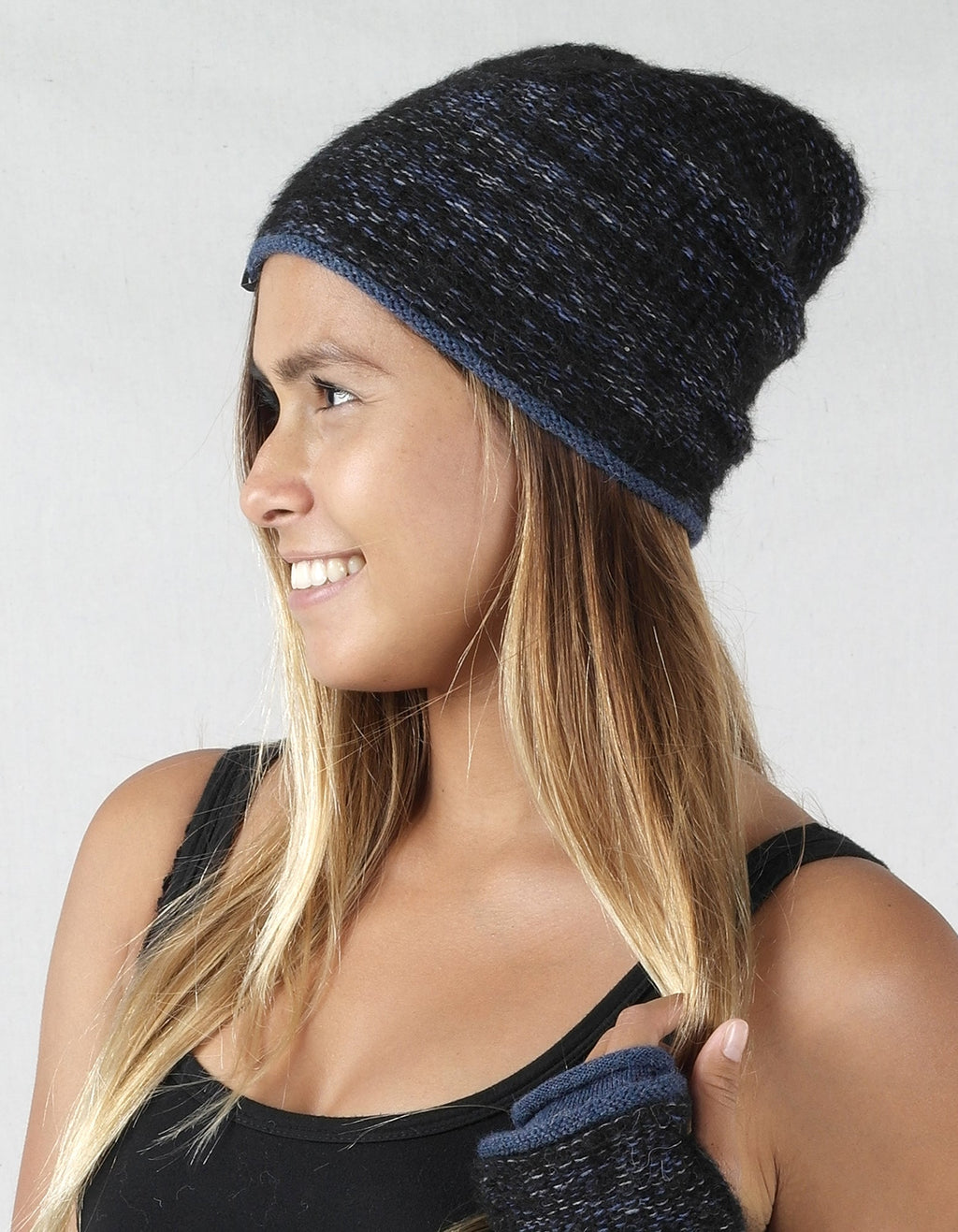 Deep Navy alpaca beanie in Nightsky with midnight black, Shupaca