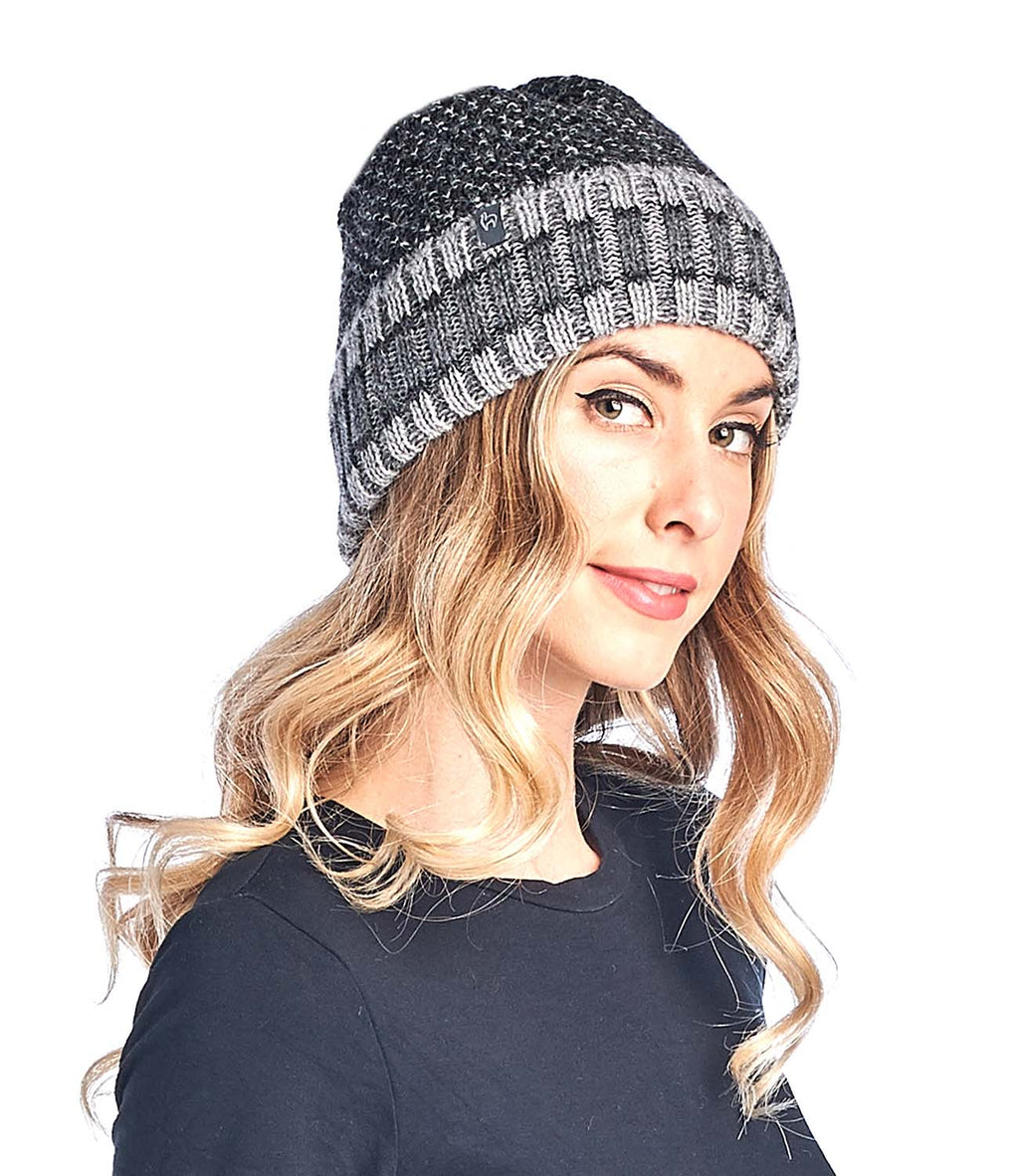 Black alpaca beanie in Onyx with coal and slate hues, Shupaca