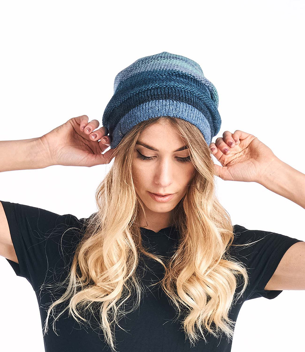 Deep Navy alpaca beanie in Azul with sky blue stripes, Shupaca