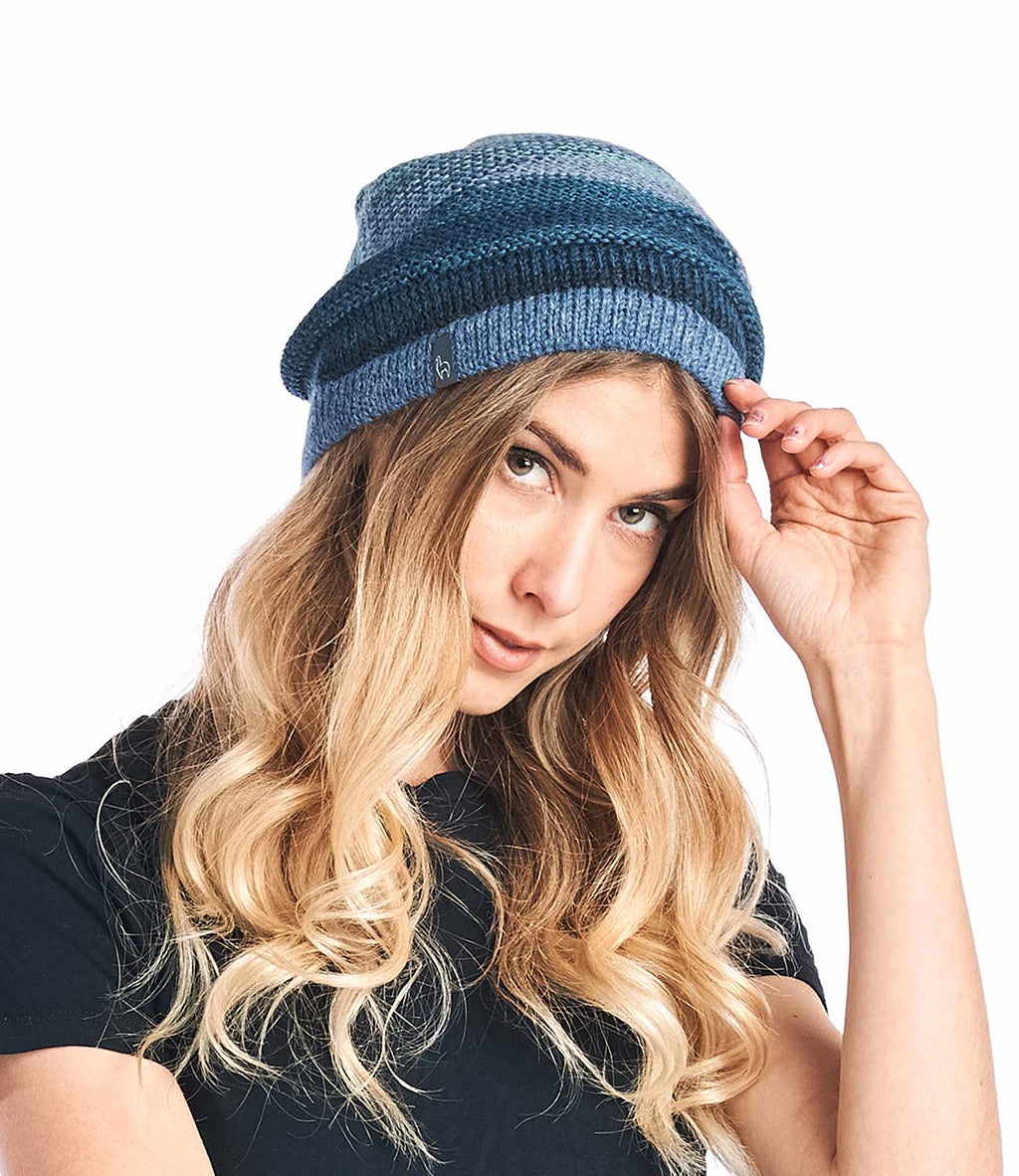 Deep Navy alpaca beanie in Azul with sky blue stripes, Shupaca