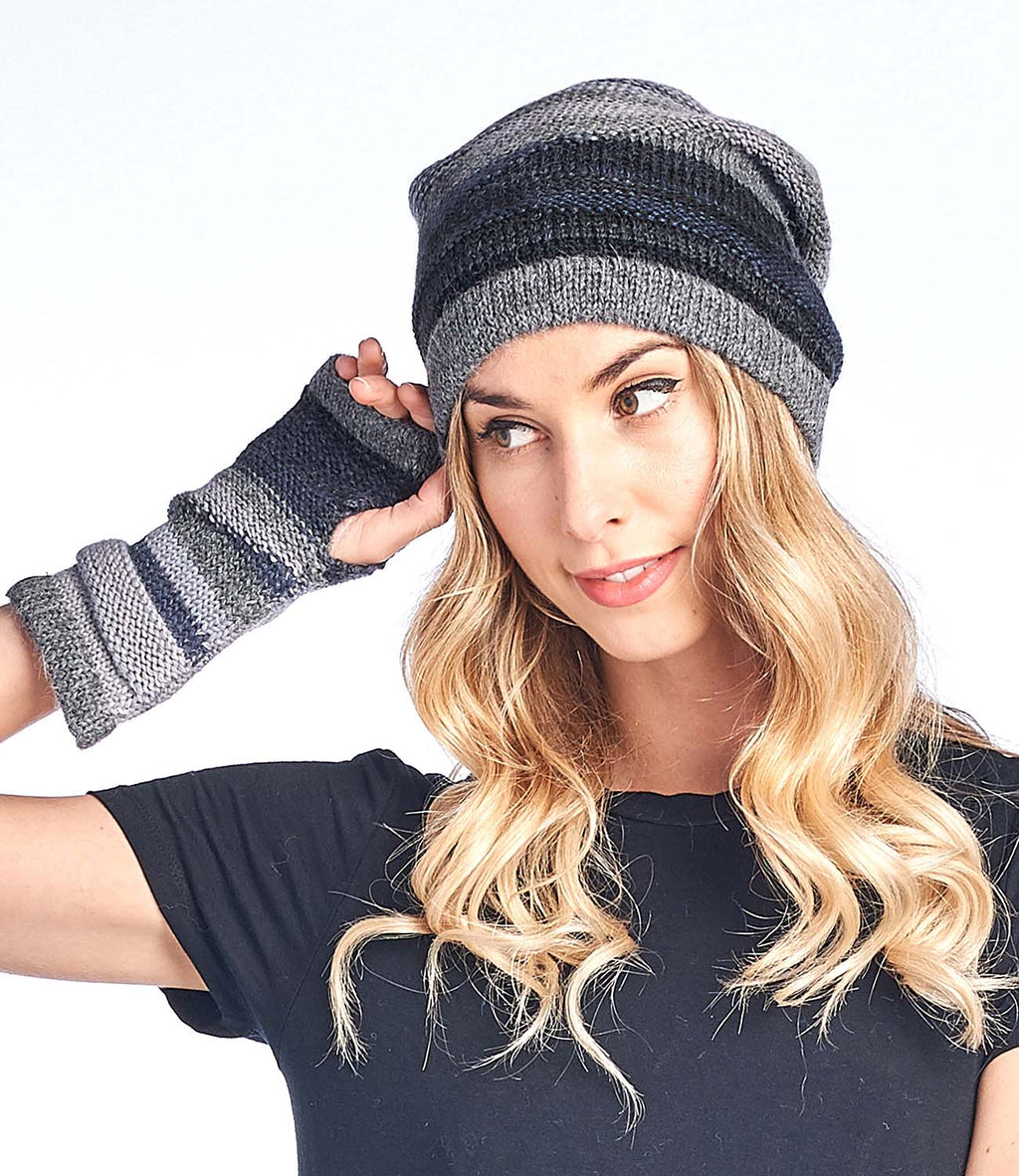 Charcoal alpaca beanie with grey and black layered stripes, Shupaca