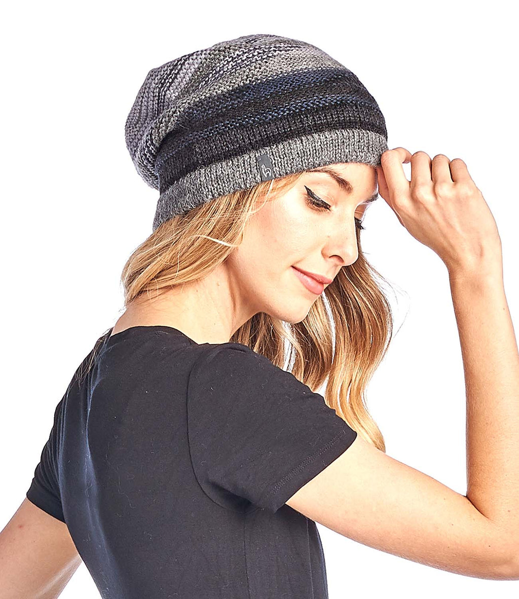 Charcoal alpaca beanie with grey and black layered stripes, Shupaca