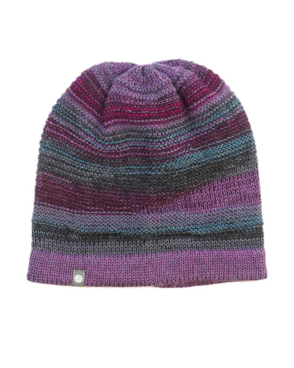 Plum alpaca beanie in Fig with forest green stripes, Shupaca