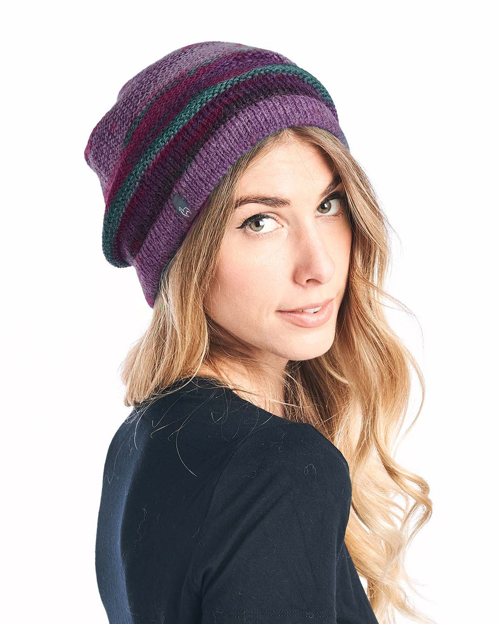 Plum alpaca beanie in Fig with forest green stripes, Shupaca