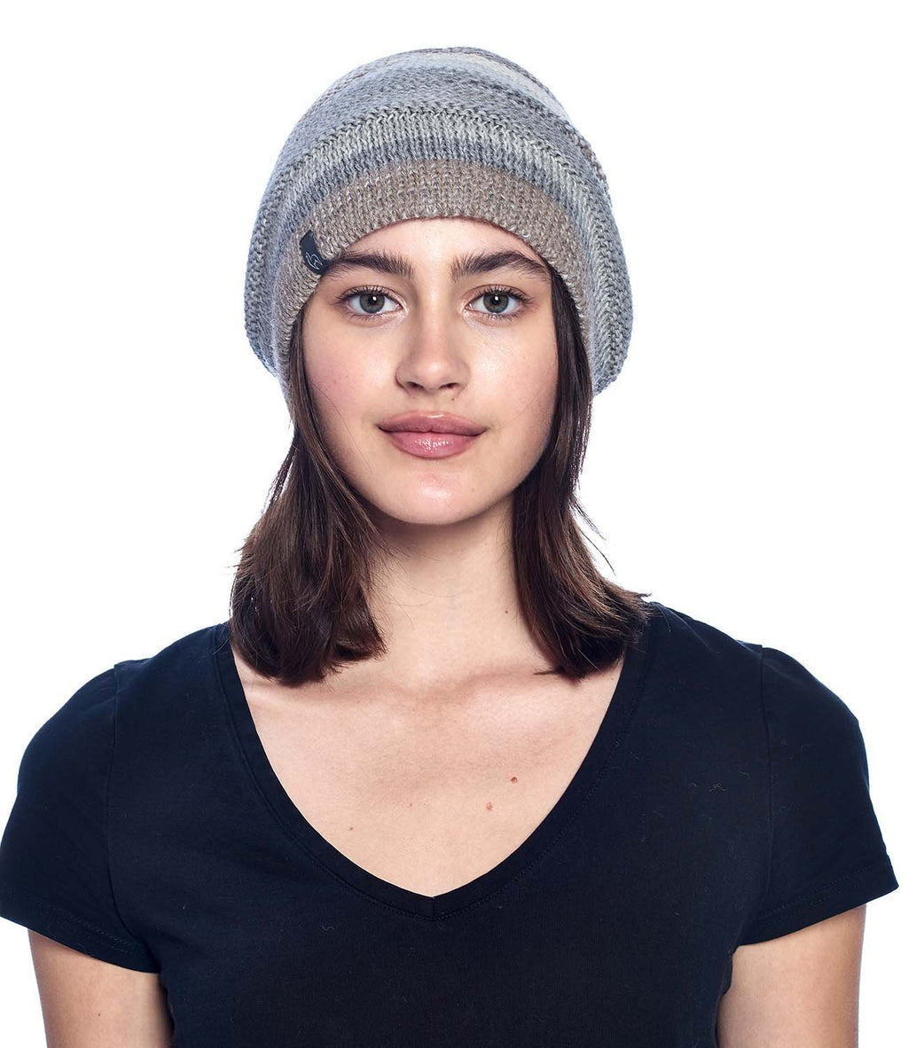 Ivory alpaca beanie with stone beige stripes, Shupaca