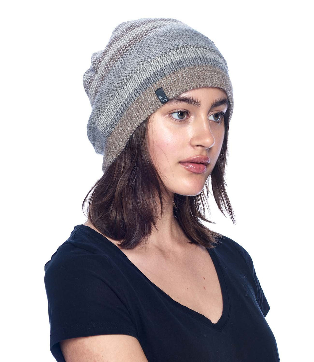 Ivory alpaca beanie with stone beige stripes, Shupaca