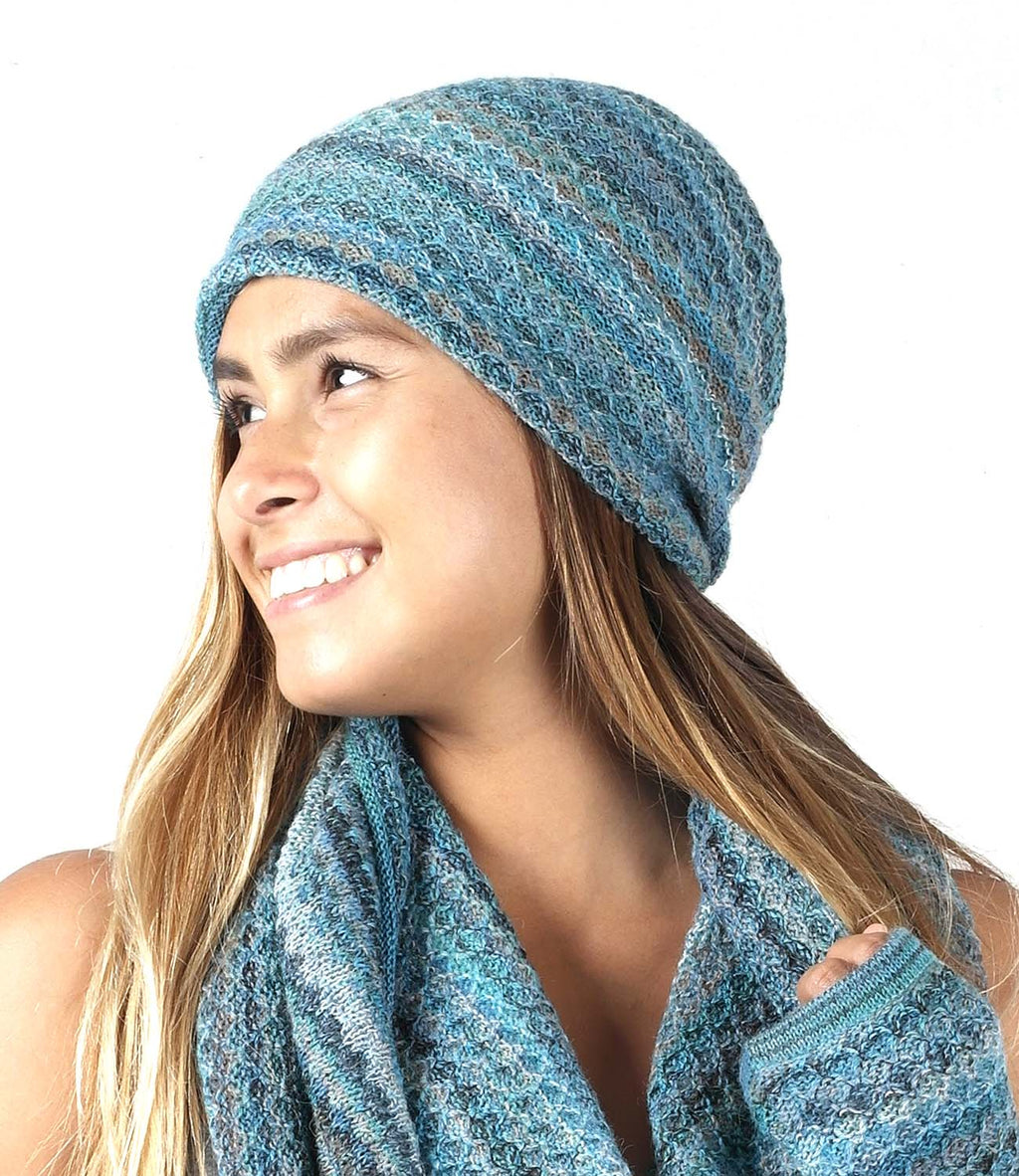 Teal alpaca beanie in Azul with wavelike pattern, Shupaca