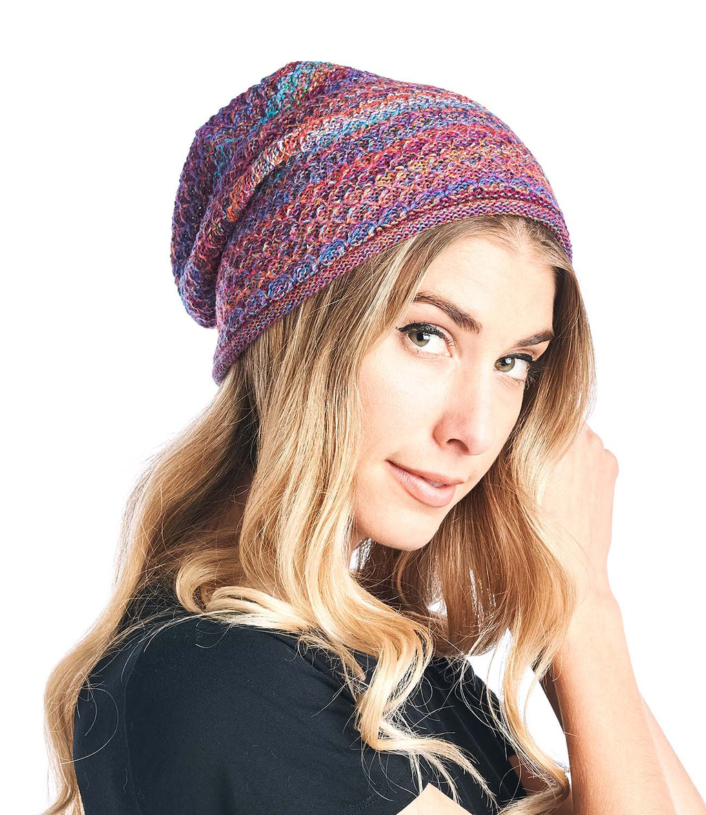 Magenta alpaca beanie in Mosaic with coral and blue accents, Shupaca