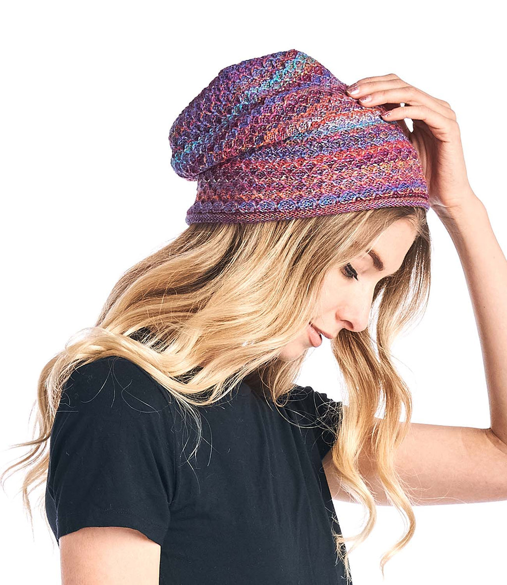 Magenta alpaca beanie in Mosaic with coral and blue accents, Shupaca