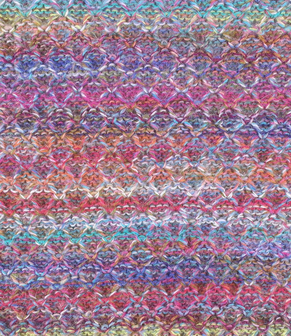 Magenta alpaca beanie in Mosaic with coral and blue accents, Shupaca