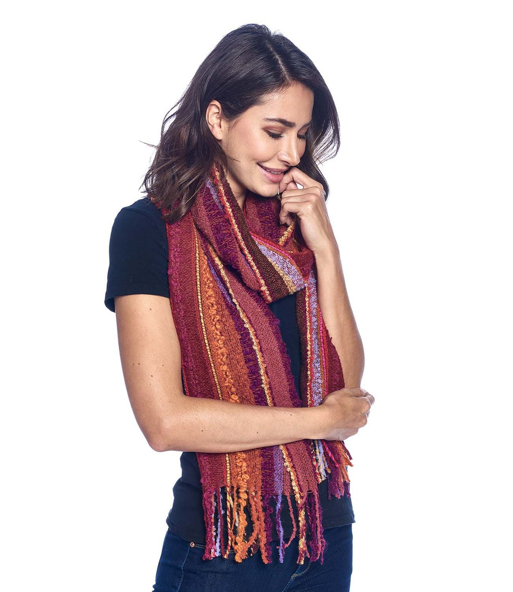 Golden alpaca scarf in Autumn with burgundy and amber stripes, Shupaca