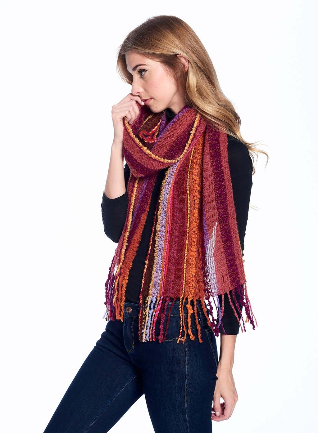 Golden alpaca scarf in Autumn with burgundy and amber stripes, Shupaca
