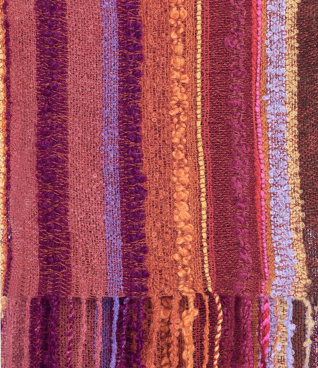 Golden alpaca scarf in Autumn with burgundy and amber stripes, Shupaca