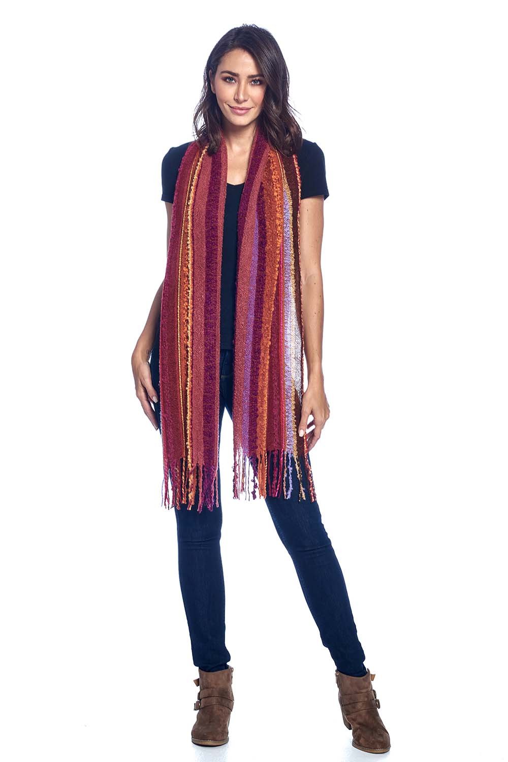 Golden alpaca scarf in Autumn with burgundy and amber stripes, Shupaca
