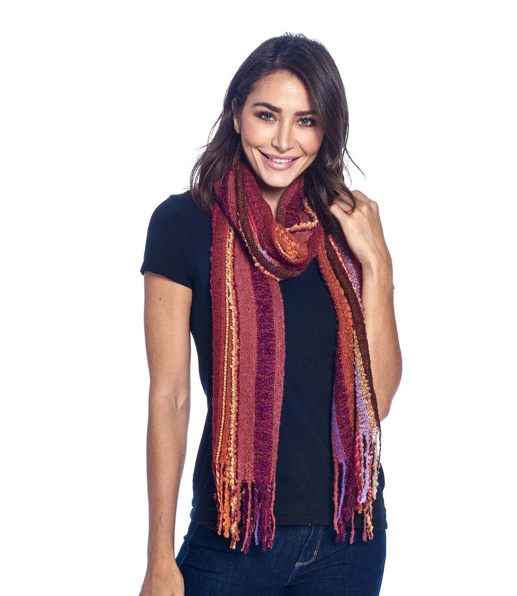 Golden alpaca scarf in Autumn with burgundy and amber stripes, Shupaca