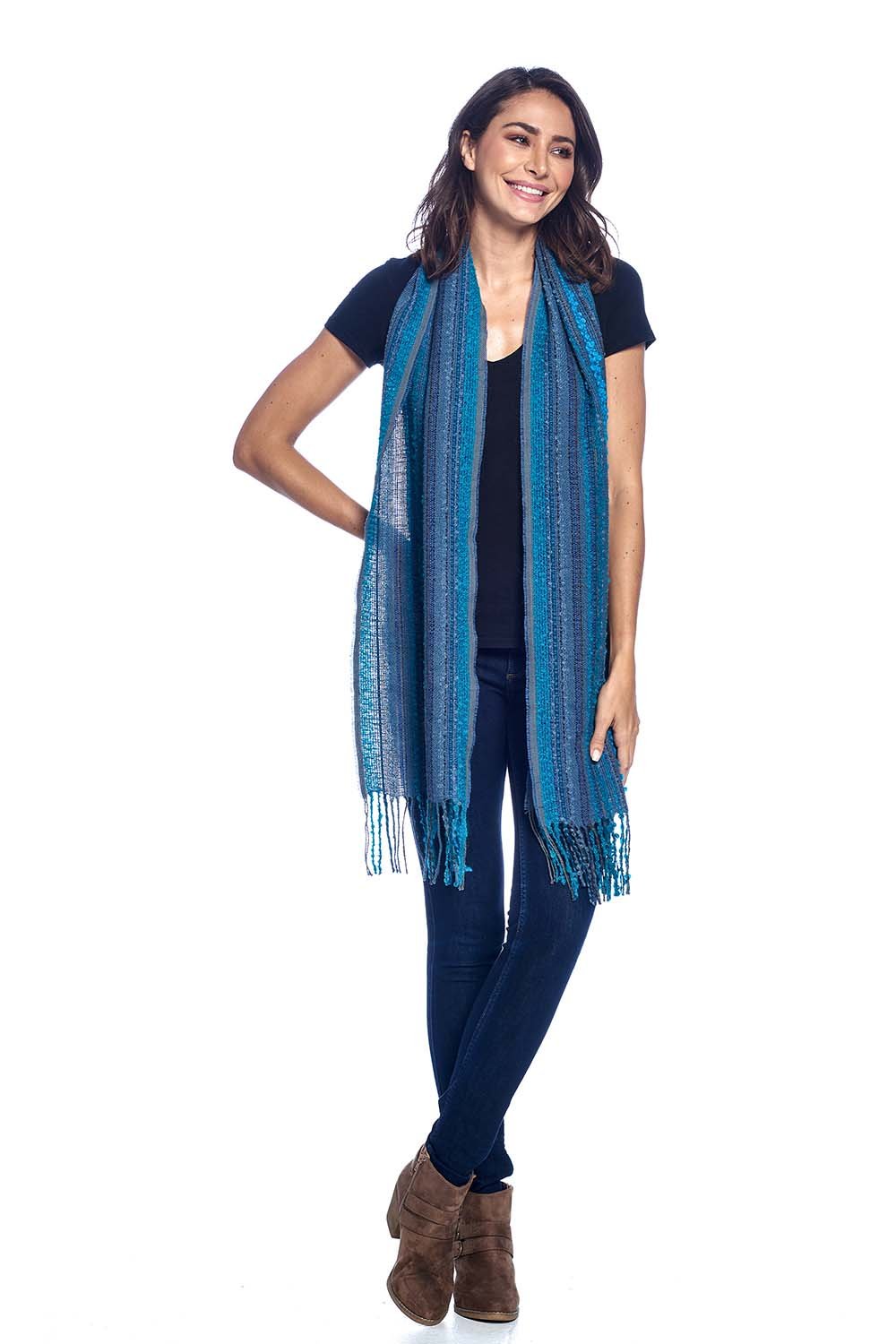Capri Blue alpaca scarf with teal and marine blue bouclé, Shupaca