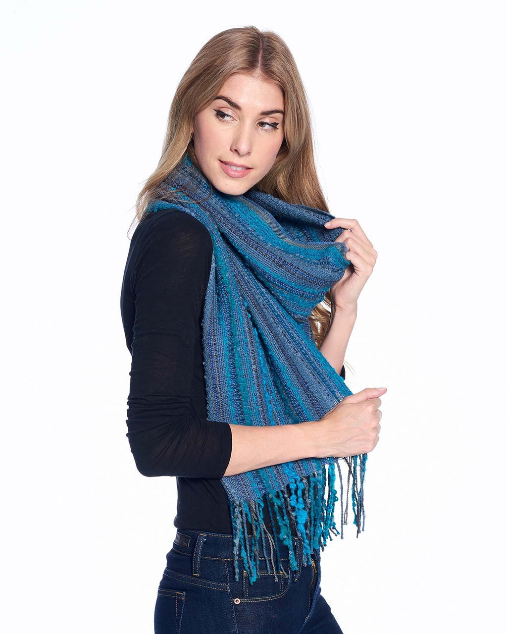Capri Blue alpaca scarf with teal and marine blue bouclé, Shupaca